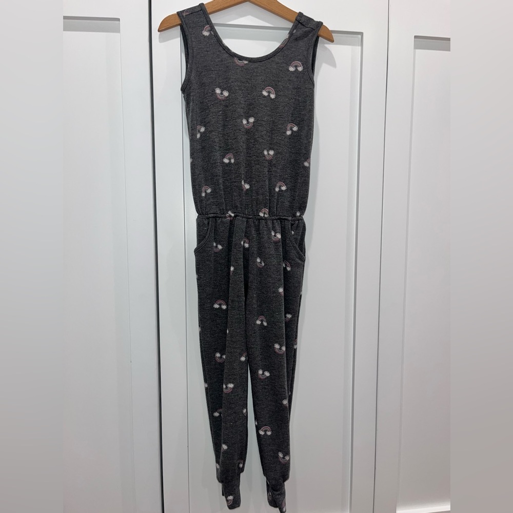 Pixie Lane gray jumpsuit with rainbows.